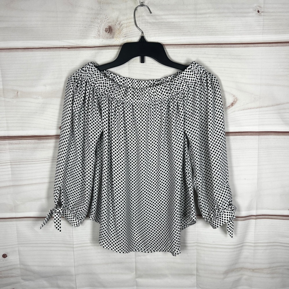 Express Off The Shoulder Blouse Women XS White Polka Dot Tie Sleeve Top Parisian